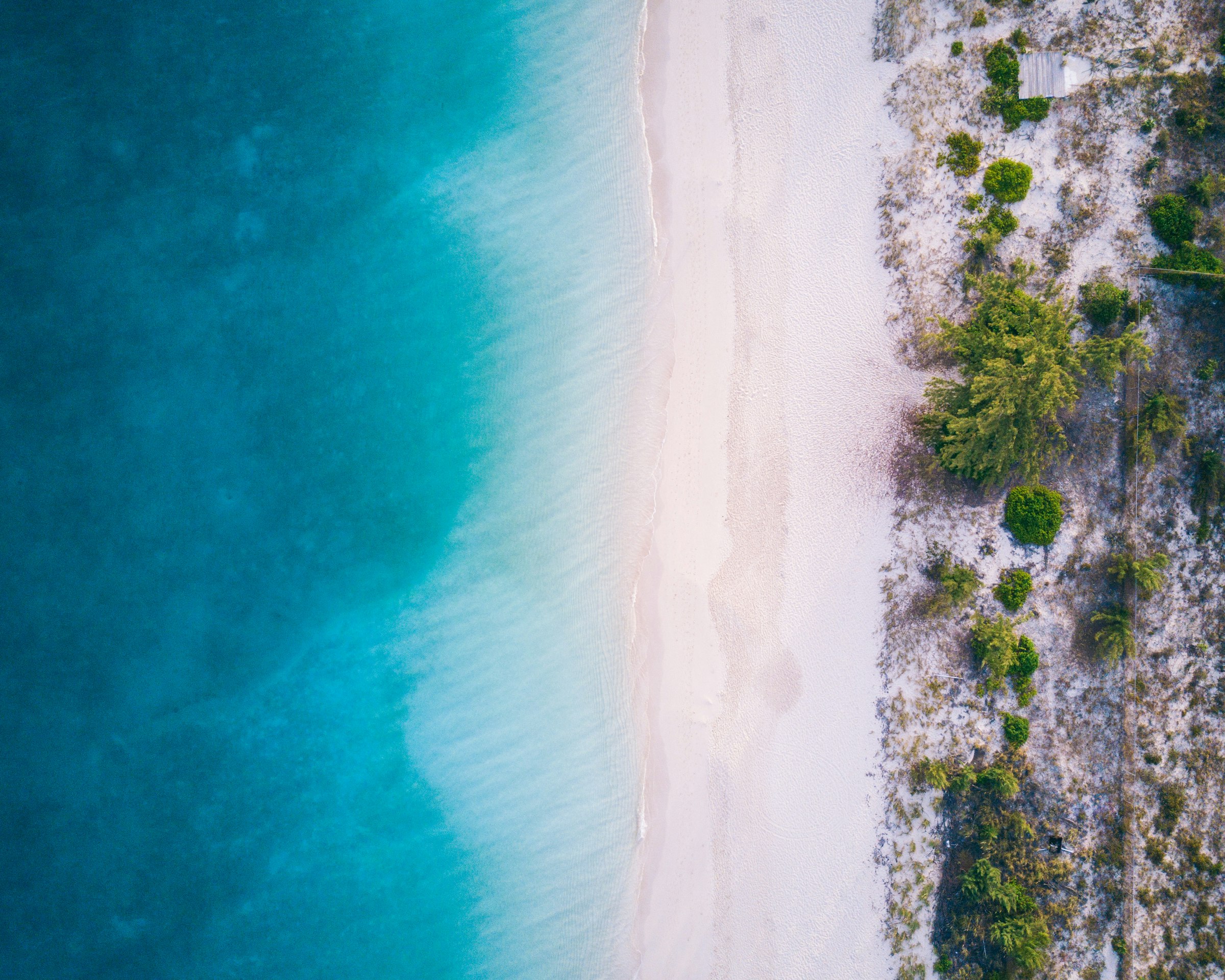 Aerial view of turquoise water and white sand beach, Turks and Caicos